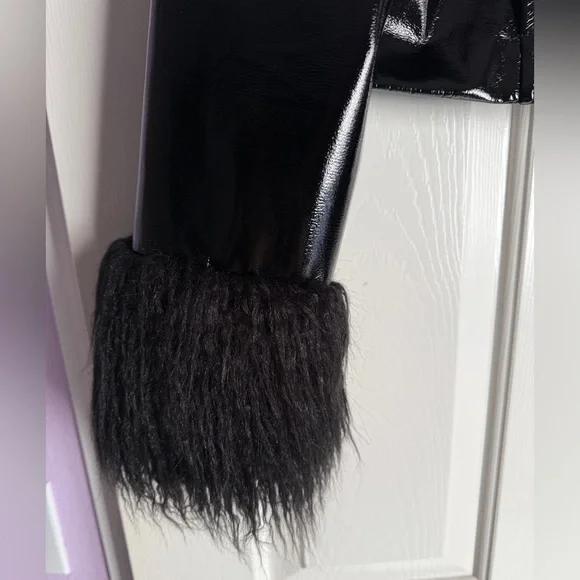Black Shiny Faux Fur Trimmed Jacket - Picture 3 of 6